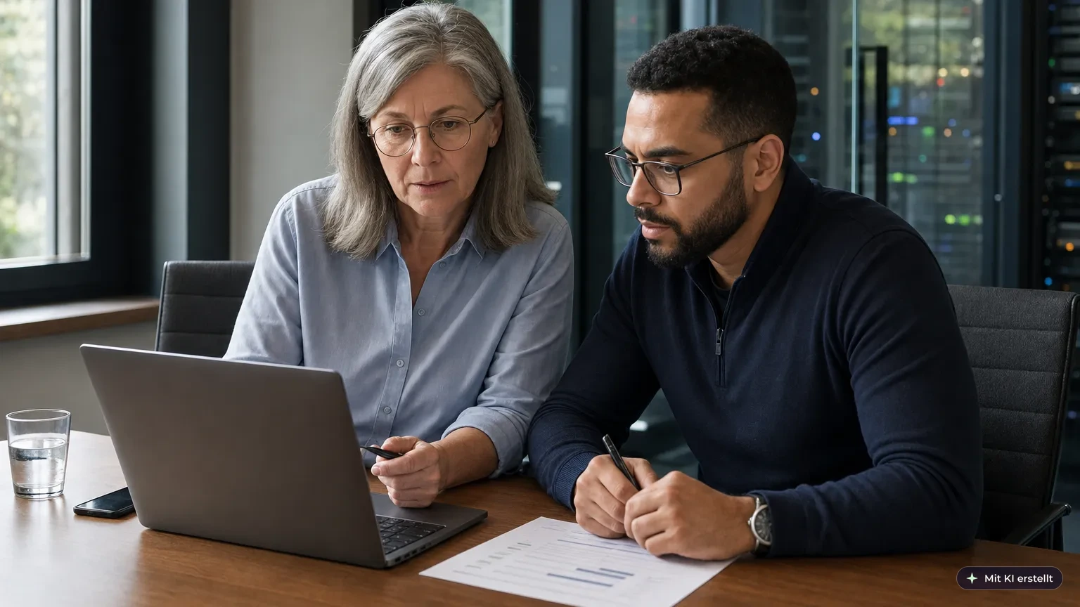 Geschäftsführerin und IT-Verantwortlicher eines mittelständischen Unternehmens prüfen am Laptop die NIS-2-Betroffenheit