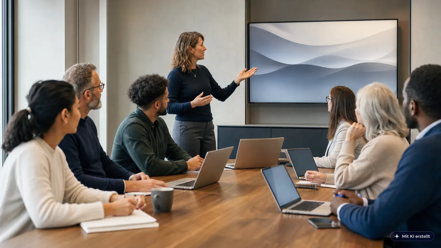 Gemischtes Team in einem DACH-Büro bei einer GwG-Schulung nach § 6 GwG am Laptop, Unterrichtung zur Geldwäscheprävention