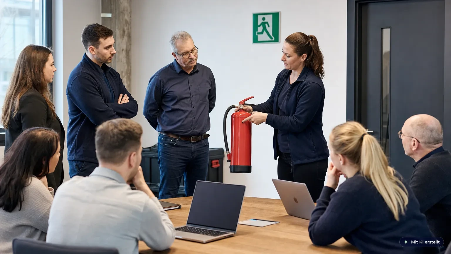 Gemischtes Team bei der jährlichen Brandschutzunterweisung im Betrieb, eine Person zeigt die Handhabung eines Feuerlöschers
