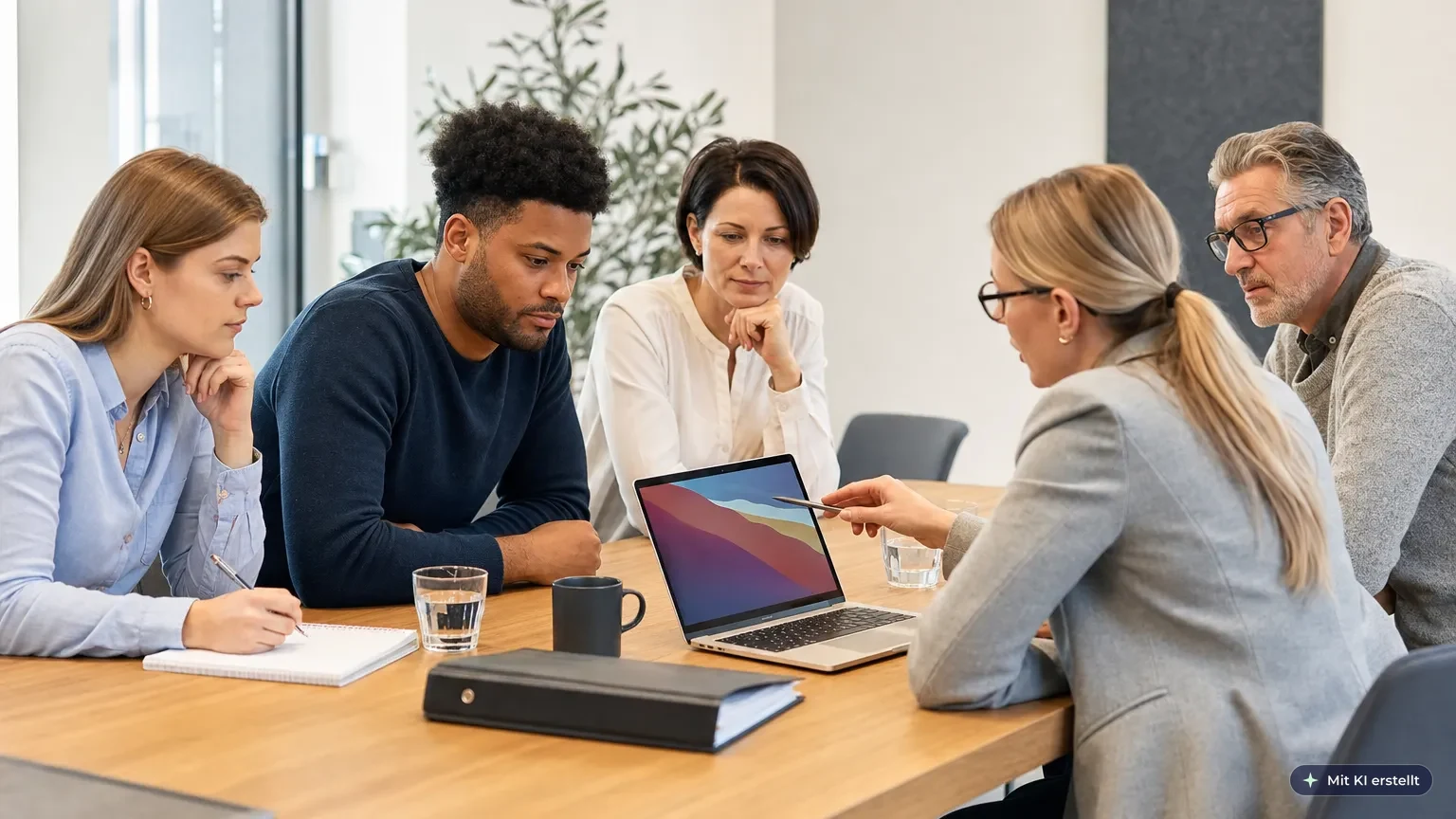 Diverses Büroteam unterschiedlicher Altersgruppen folgt am Laptop einer Datenschutzschulung in einem hellen DACH-Büro