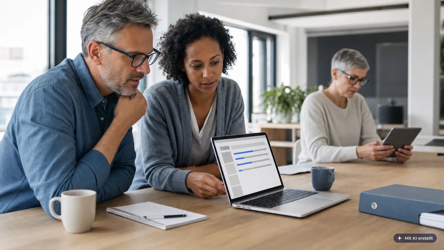 HR-Team bespricht im Büro die Kursübersicht und den Lernfortschritt auf einem Learning Management System (LMS) am Laptop.