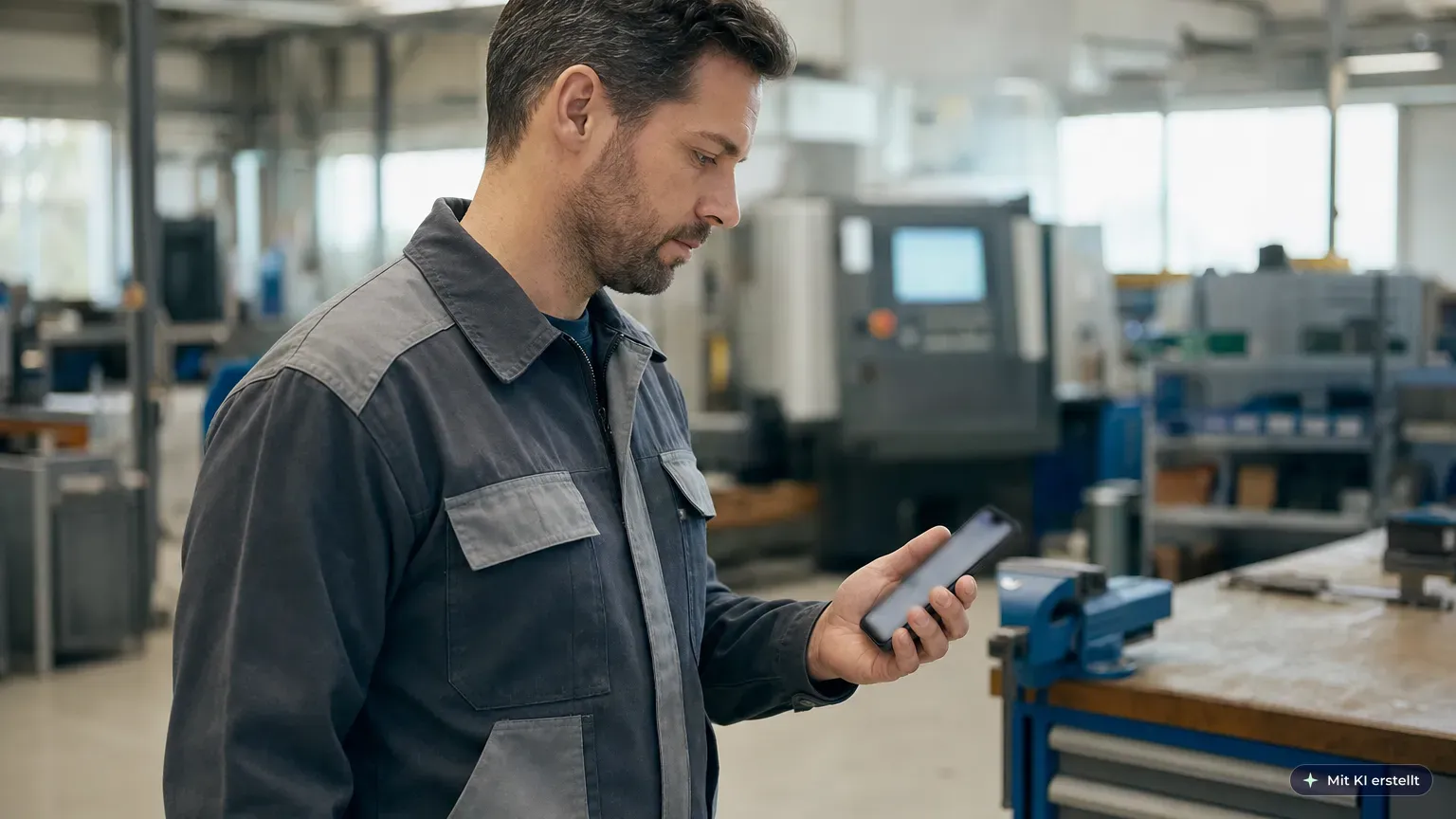 Person steht in einer Werkhalle und liest eine kurze Lerneinheit auf einem Smartphone, im Hintergrund eine Arbeitsstation