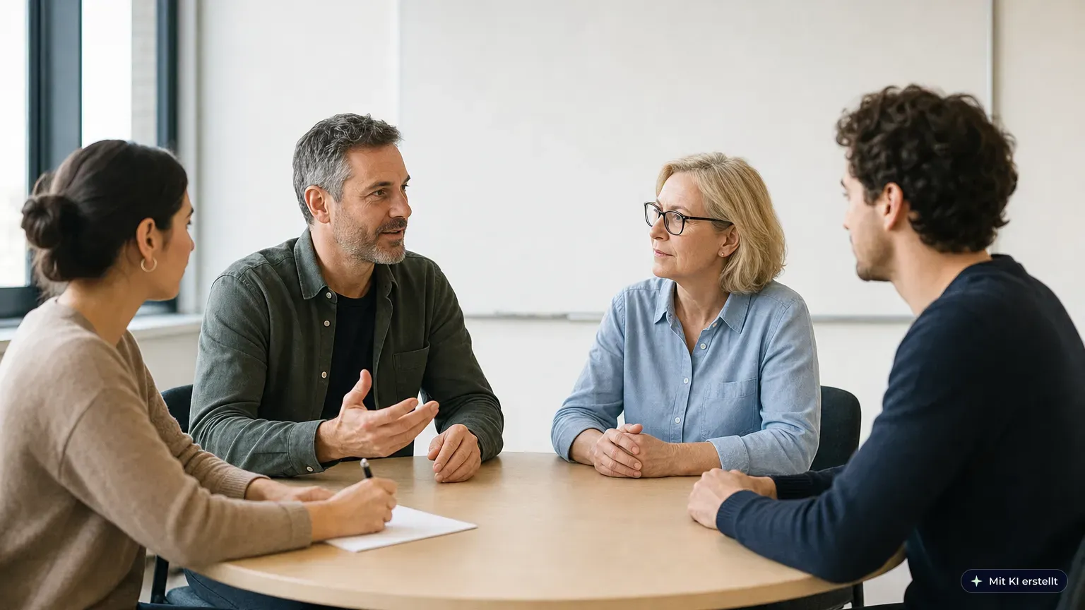 Vier Personen unterschiedlichen Alters und Geschlechts sitzen in einer Schulungssituation um einen Tisch, eine Person spricht