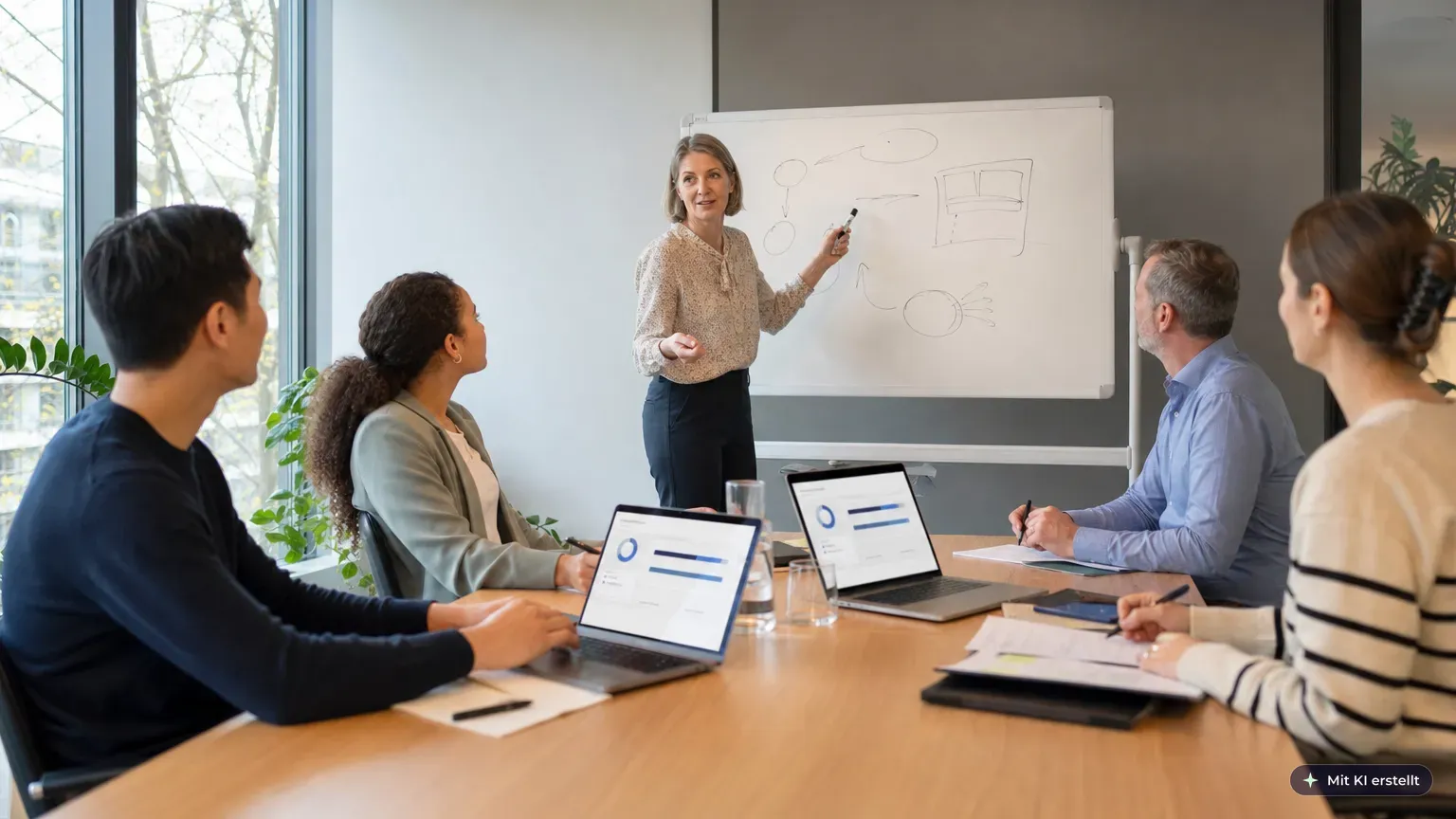 Seminarraum im Mittelstand: Trainerin am Whiteboard, Teilnehmende lernen mit Laptop-Lernplattform und gedruckten Unterlagen