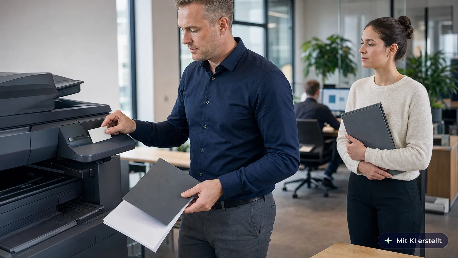 Employee releases his print job with his badge and puts the pages straight into a folder as a colleague waits