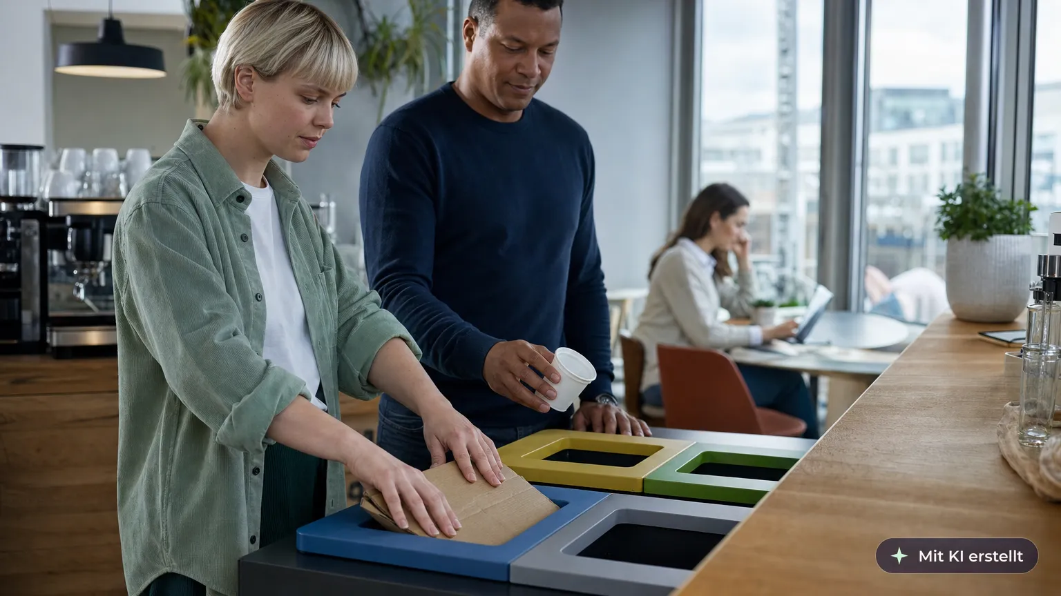 Employee slides a flattened box into the recycling station at the coffee bar while a colleague sorts his waste