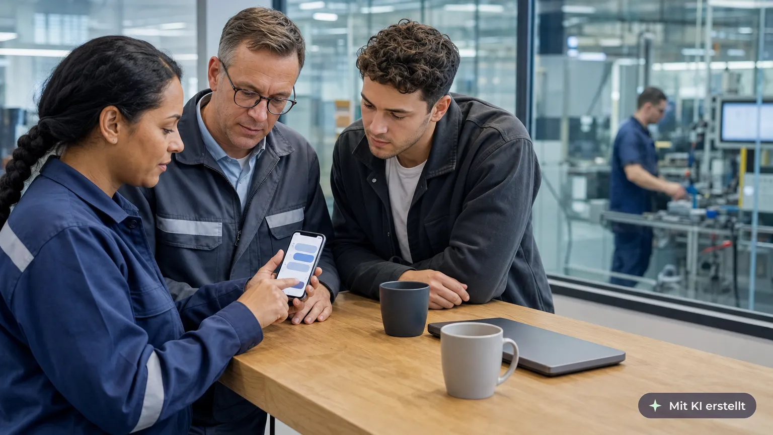 Employee shows two colleagues an AI answer on her smartphone in the break area, and together they check it