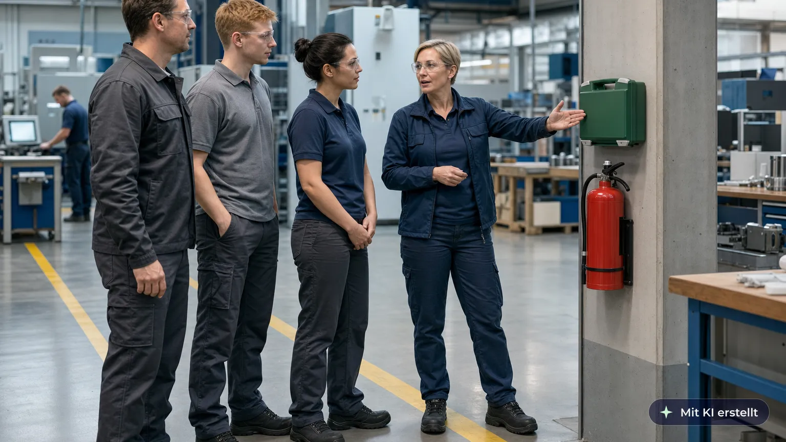 Team leader shows three new employees the first aid kit and fire extinguisher in the assembly hall on day one