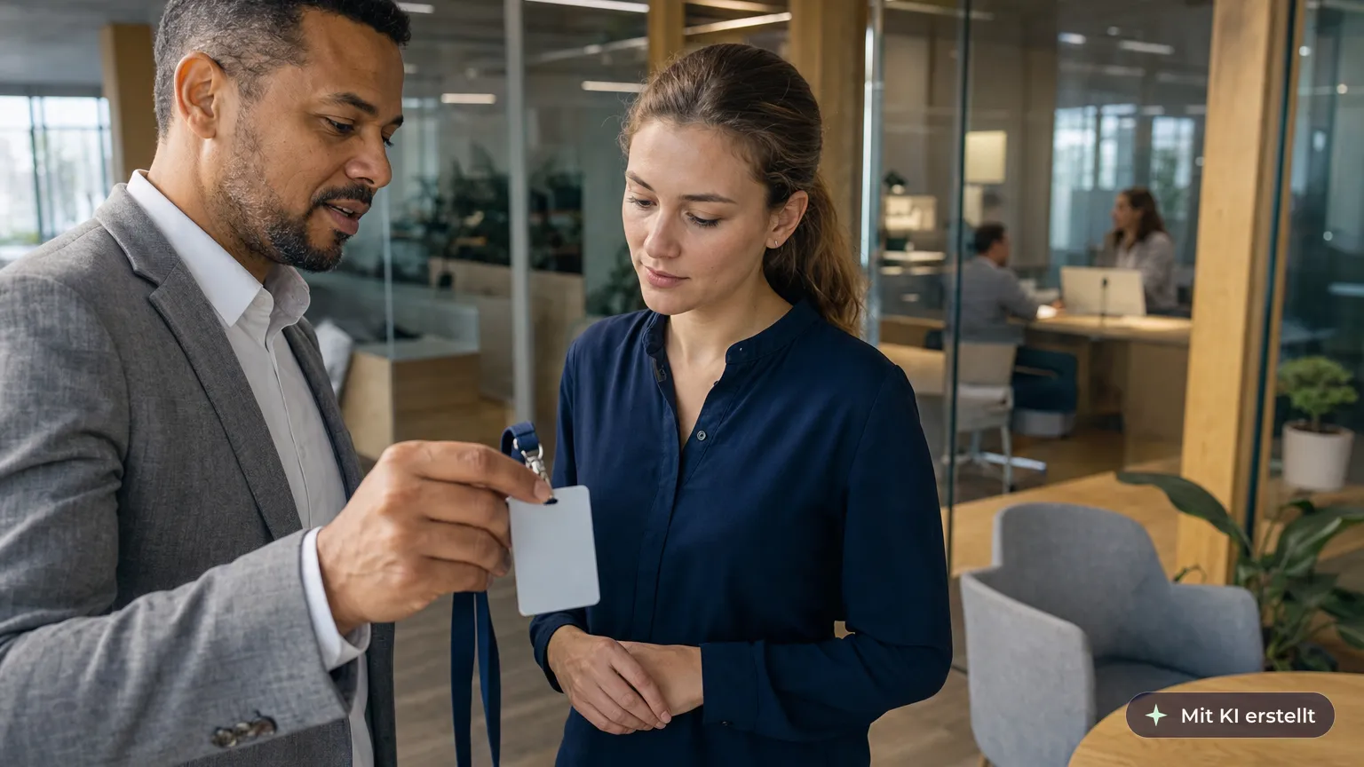 Experienced colleague hands a new colleague her staff ID at the town hall, with the citizens' office behind glass