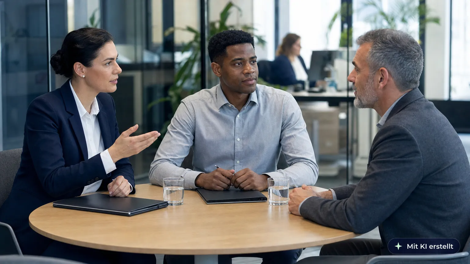 Team lead and HR colleague hold a structured job interview with an older applicant at a round table
