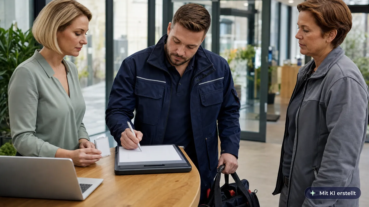 External technician signs a confidentiality agreement in the lobby before receiving his visitor badge