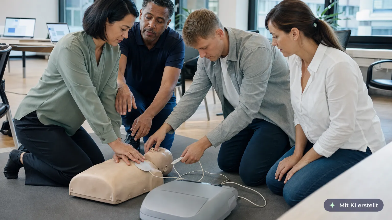 Employees practise chest compressions with an AED trainer on a first aid course while the instructor guides them