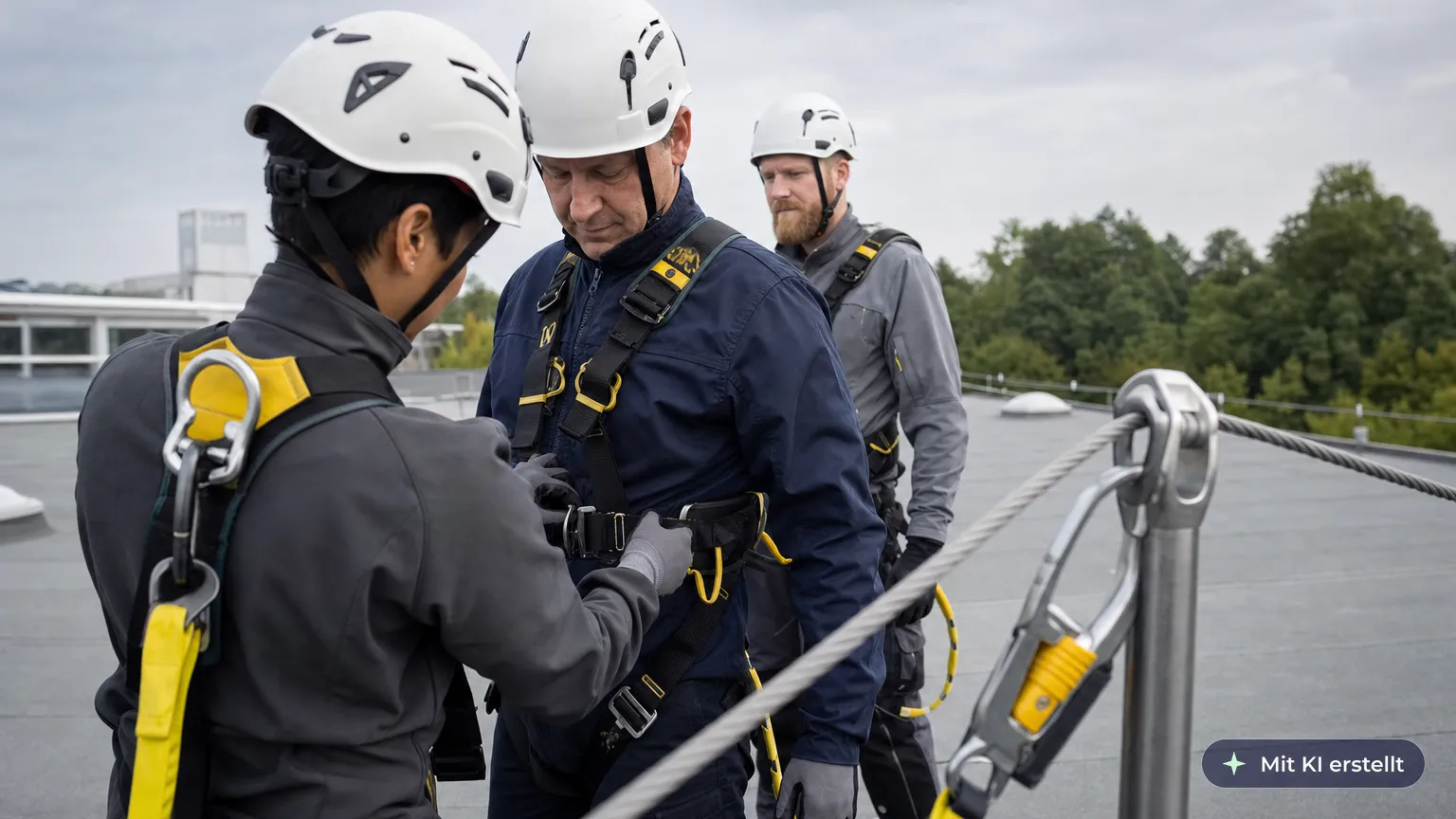 Fitter checks her colleague's full-body harness on a flat roof, all three clipped to the fixed lifeline