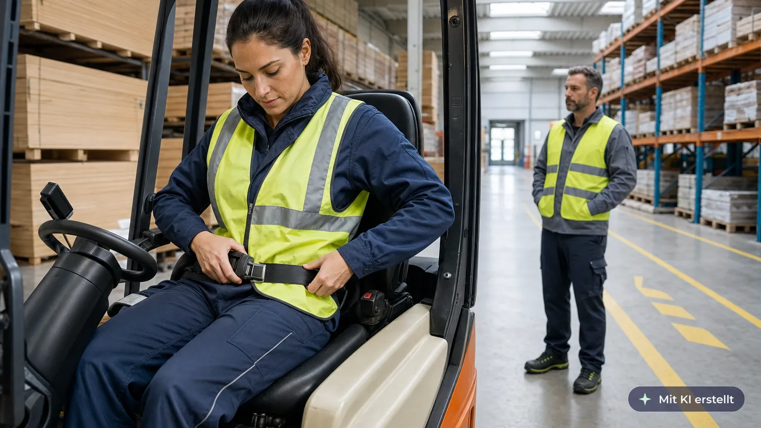 Forklift driver fastens the lap belt before driving off in the goods receiving area, a colleague waits in the walkway