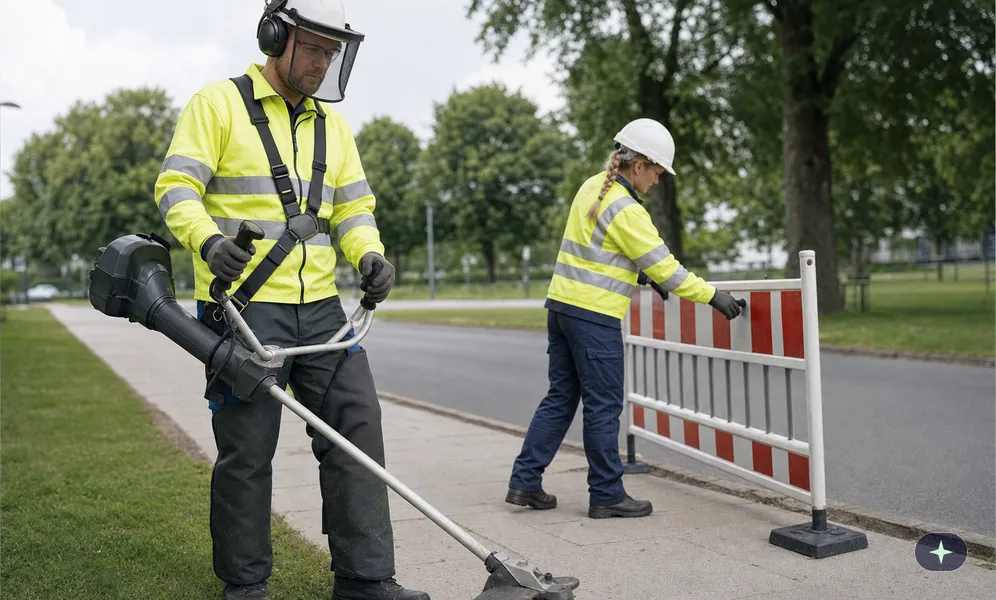 Bauhof-Mitarbeiter mit Visier, Schutzbrille und Beinlingen am Freischneider, eine Kollegin sperrt den Gehweg ab