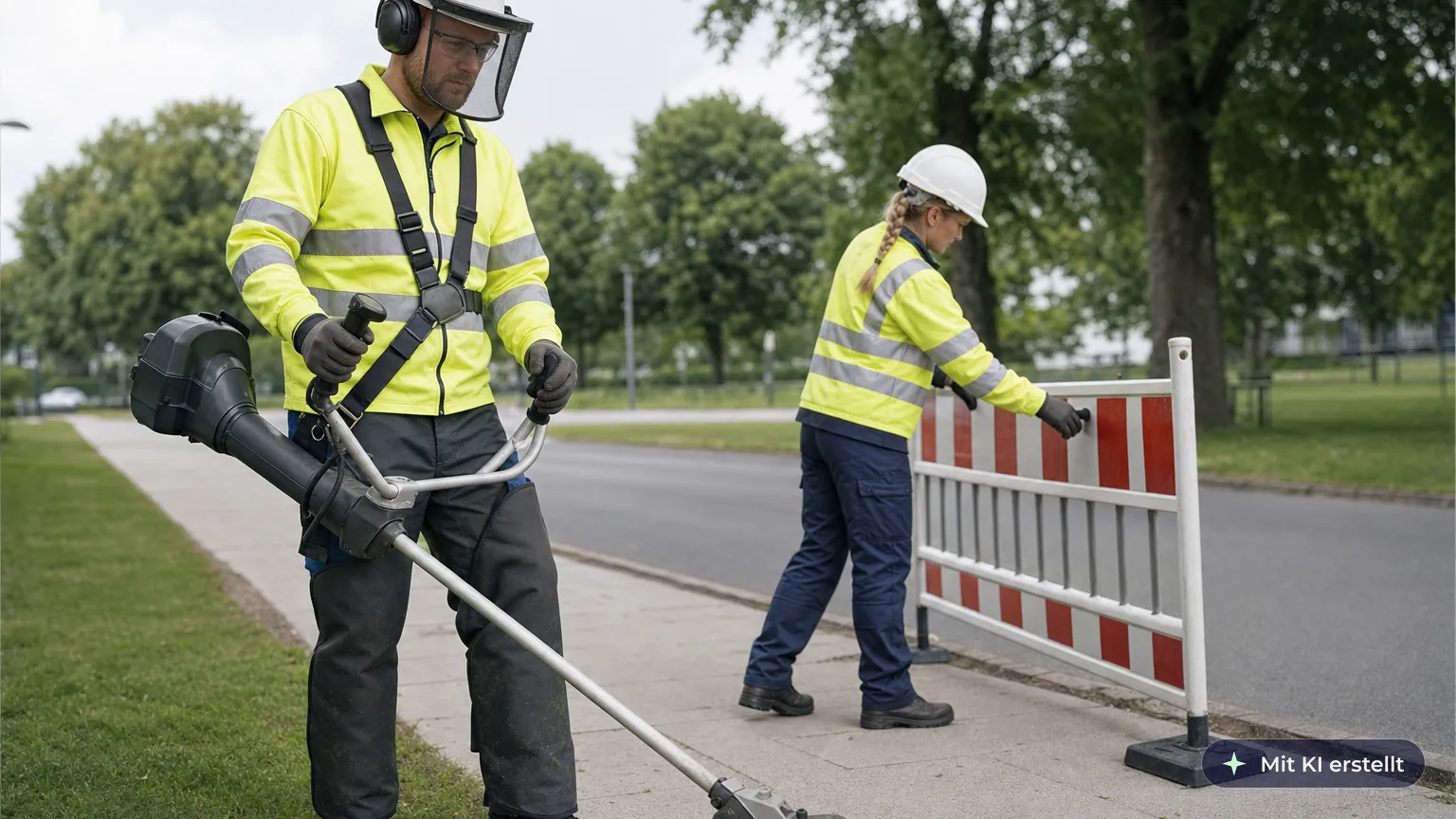 Council worker with visor, safety glasses and chaps at a brush cutter while a colleague cordons off the path