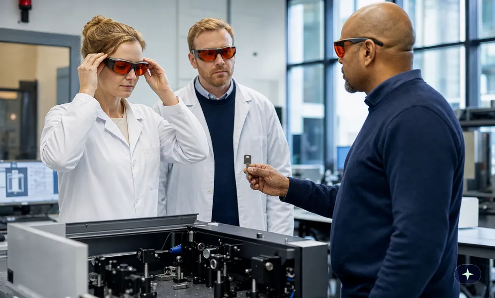 Wissenschaftlerin setzt vor dem Einschalten der Laseranlage ihre Laserschutzbrille auf, die Anlage ist noch aus
