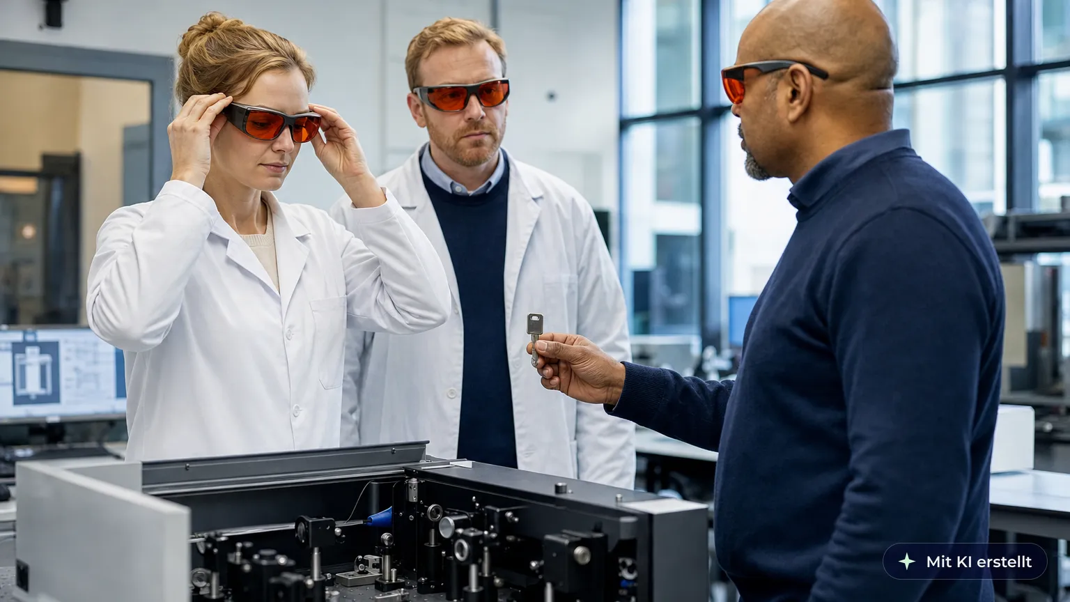Wissenschaftlerin setzt vor dem Einschalten der Laseranlage ihre Laserschutzbrille auf, die Anlage ist noch aus