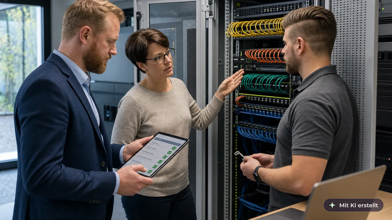 Sicherheitsbeauftragte erklärt dem Auditor den geöffneten Netzwerkschrank, ein Administrator hält den Schlüssel