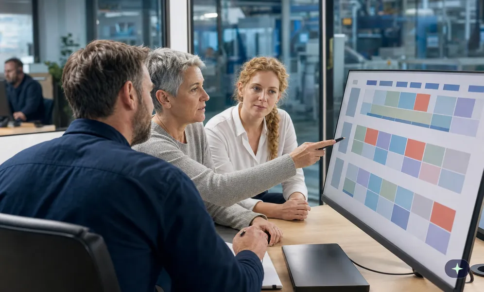 Produktionsleiter geht mit der Betriebsratsvorsitzenden und einer Personalreferentin den neuen Schichtplan am Monitor durch