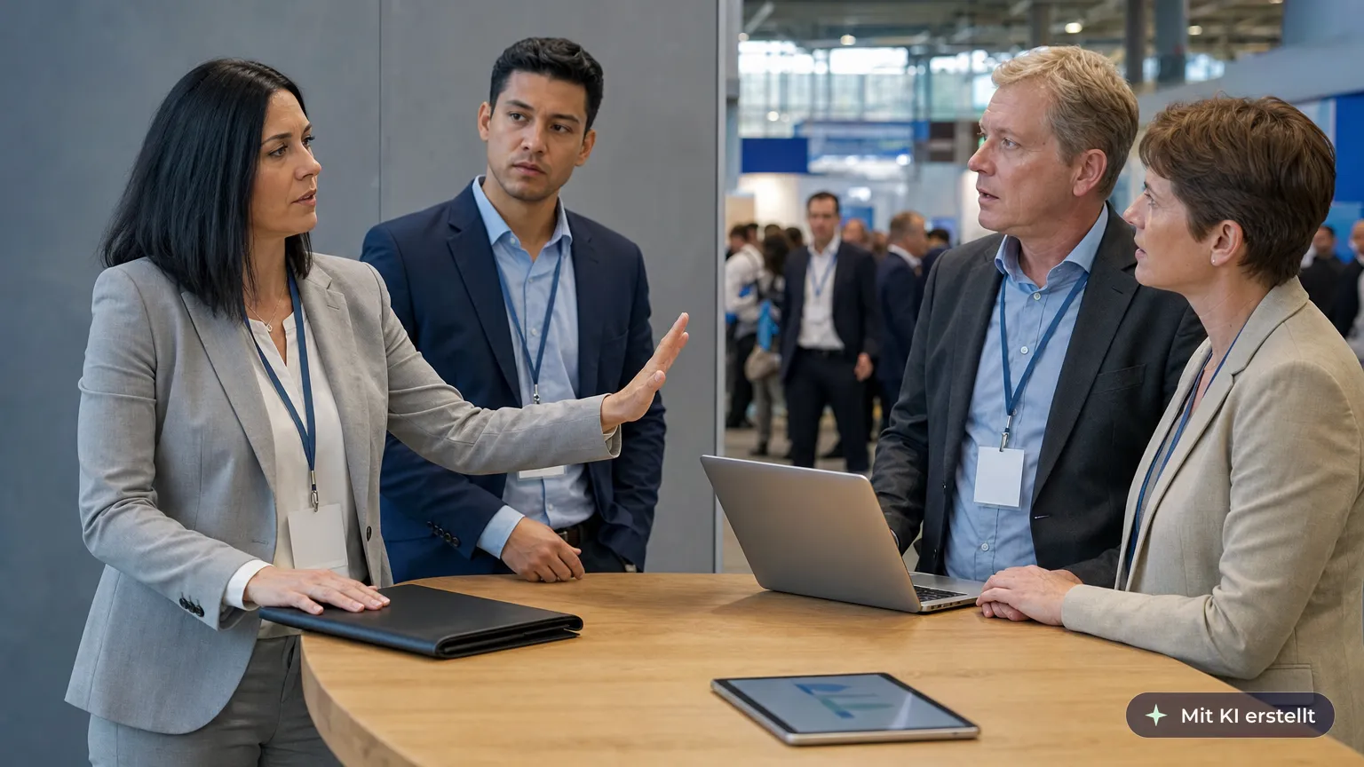 Sales manager ends the talk at a trade fair stand when competitors bring up prices and steps back