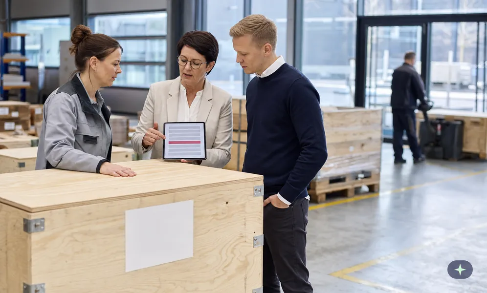 Versandmitarbeiterin hält vor der Verladung eine Holzkiste an, die Ausfuhrverantwortliche zeigt eine Prüfliste am Tablet