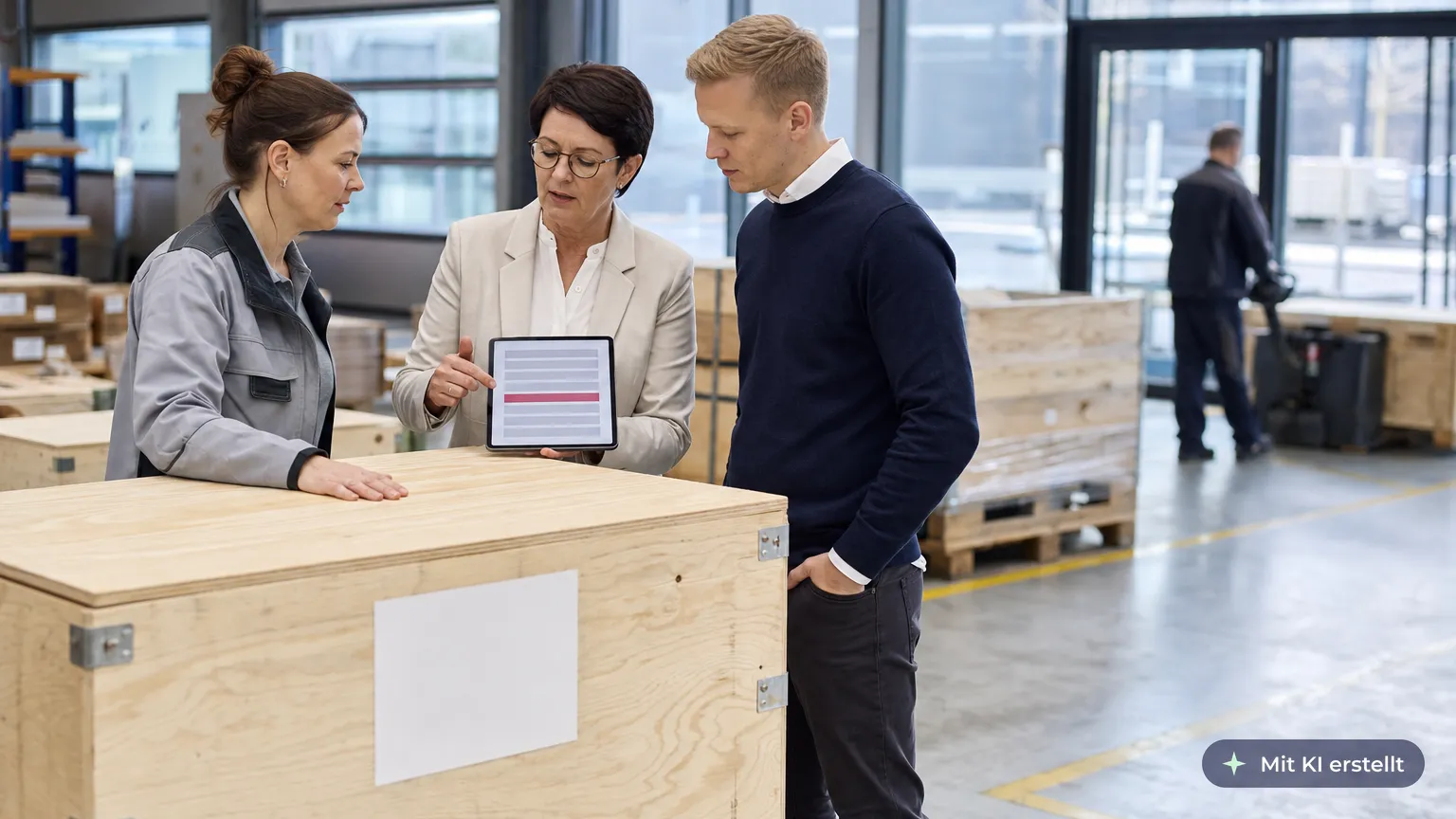Shipping clerk stops a wooden crate before loading as the export control officer shows a screening list on a tablet