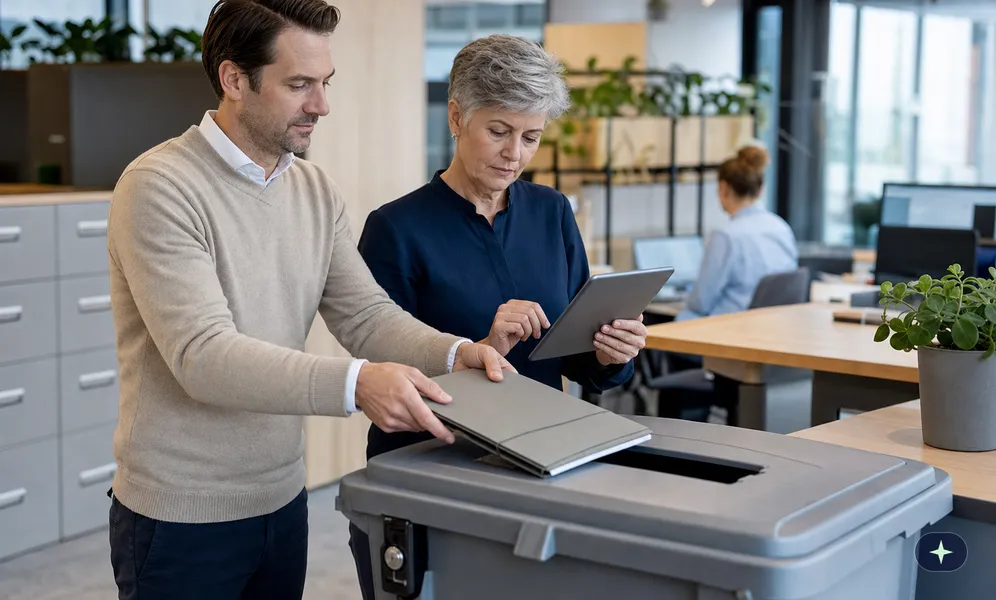 Personalreferent wirft abgelaufene Bewerbungsmappen in eine Datenschutztonne, die Kollegin hakt die Fristen ab
