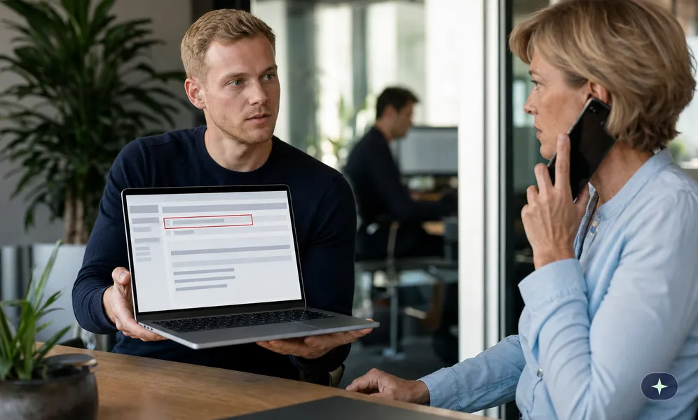Mitarbeiter zeigt der Teamleiterin eine fehlgeleitete Mail am Laptop, sie ruft sofort die Datenschutzbeauftragte an