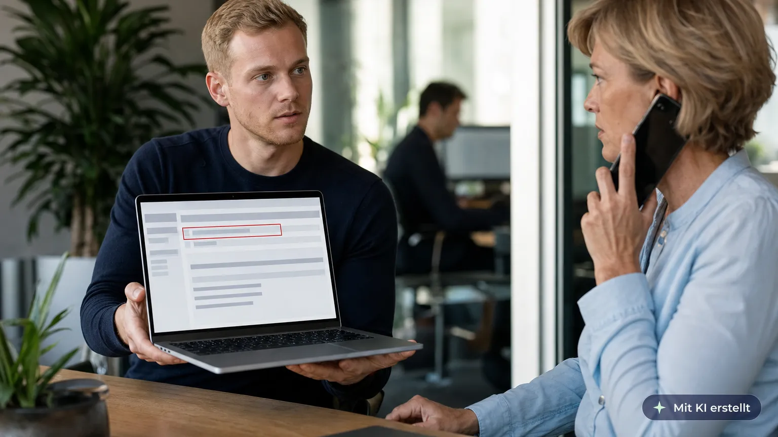 Employee shows his team leader a misdirected email on his laptop as she calls the data protection officer