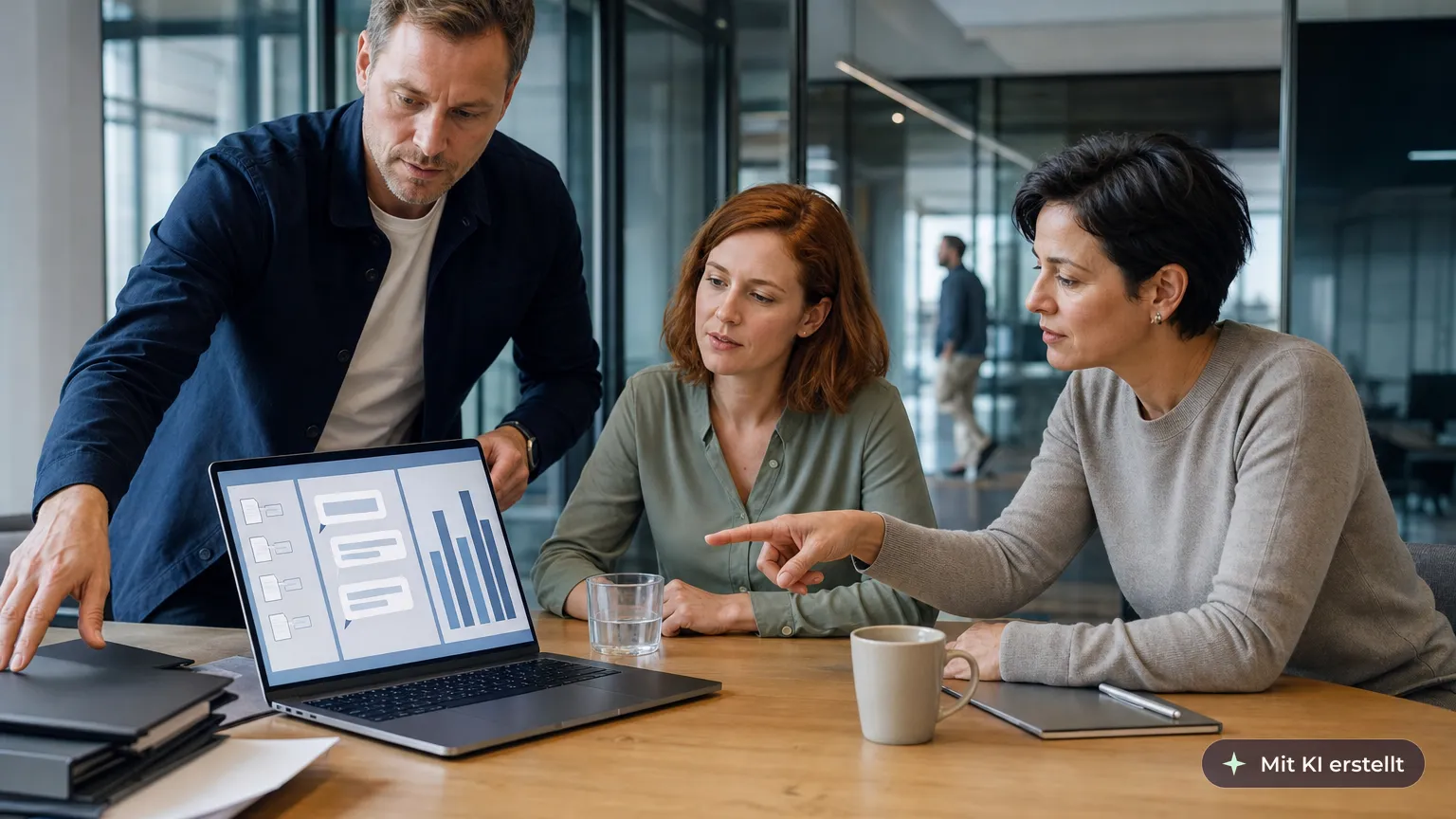 Project lead adds files to a shared AI project while two colleagues put down folders and review the result