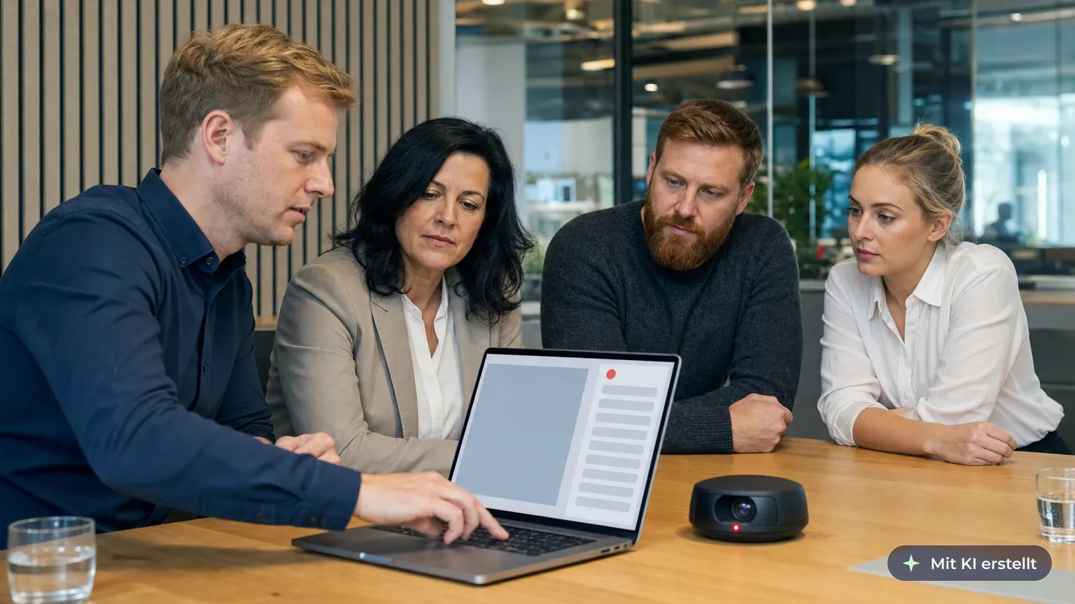 Moderator switches off the AI transcription on his laptop before the confidential part of a meeting as the team watches