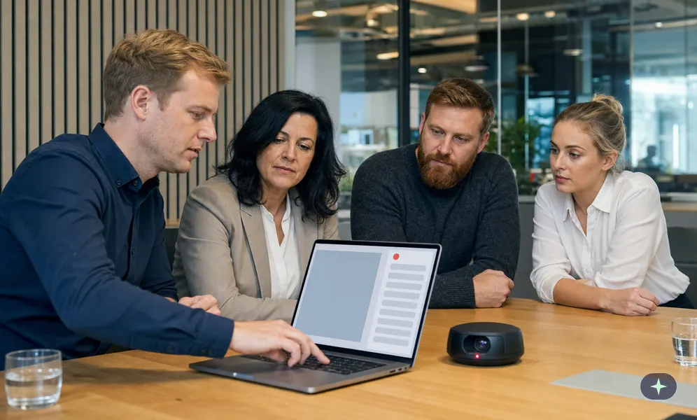 Moderator schaltet vor dem vertraulichen Teil einer Besprechung die KI-Mitschrift am Laptop aus, das Team sieht zu