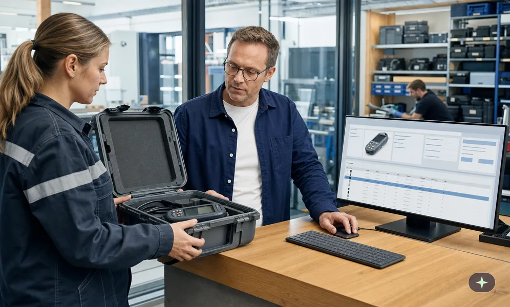 Materialverwalter erfasst ein zurückgegebenes Messgerät im Formular seiner Datenbank, eine Monteurin wartet am Tresen