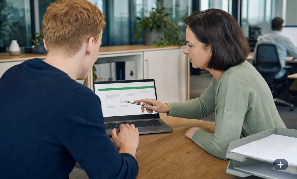 Kollegin zeigt einem neuen Kollegen am Laptop, wie er in seiner ersten Tabelle die Kopfzeile formatiert
