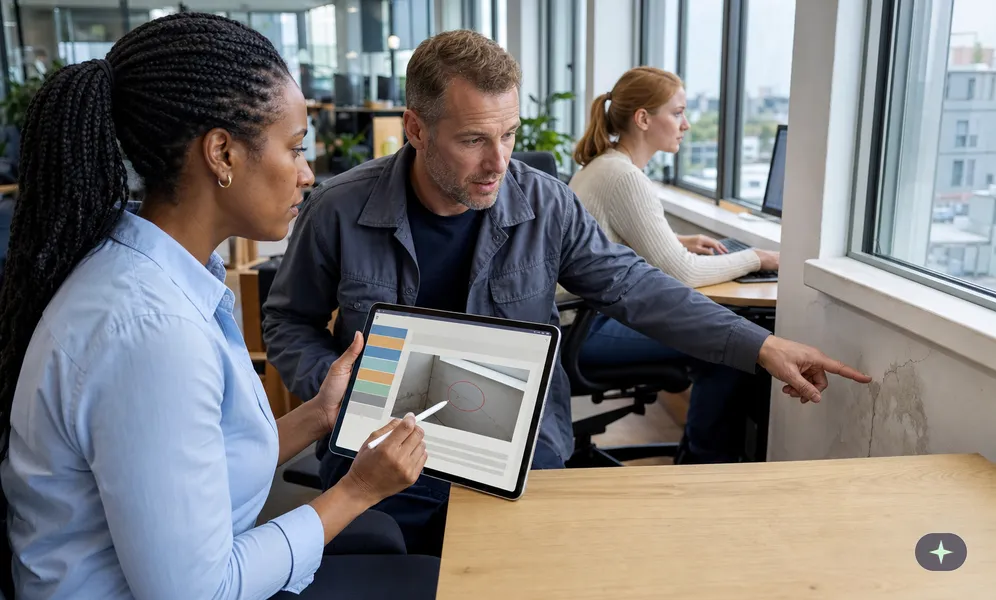 Facility-Managerin hält einen Wasserfleck am Fenster mit Tablet und Stift im Notizbuch fest, ein Techniker zeigt darauf