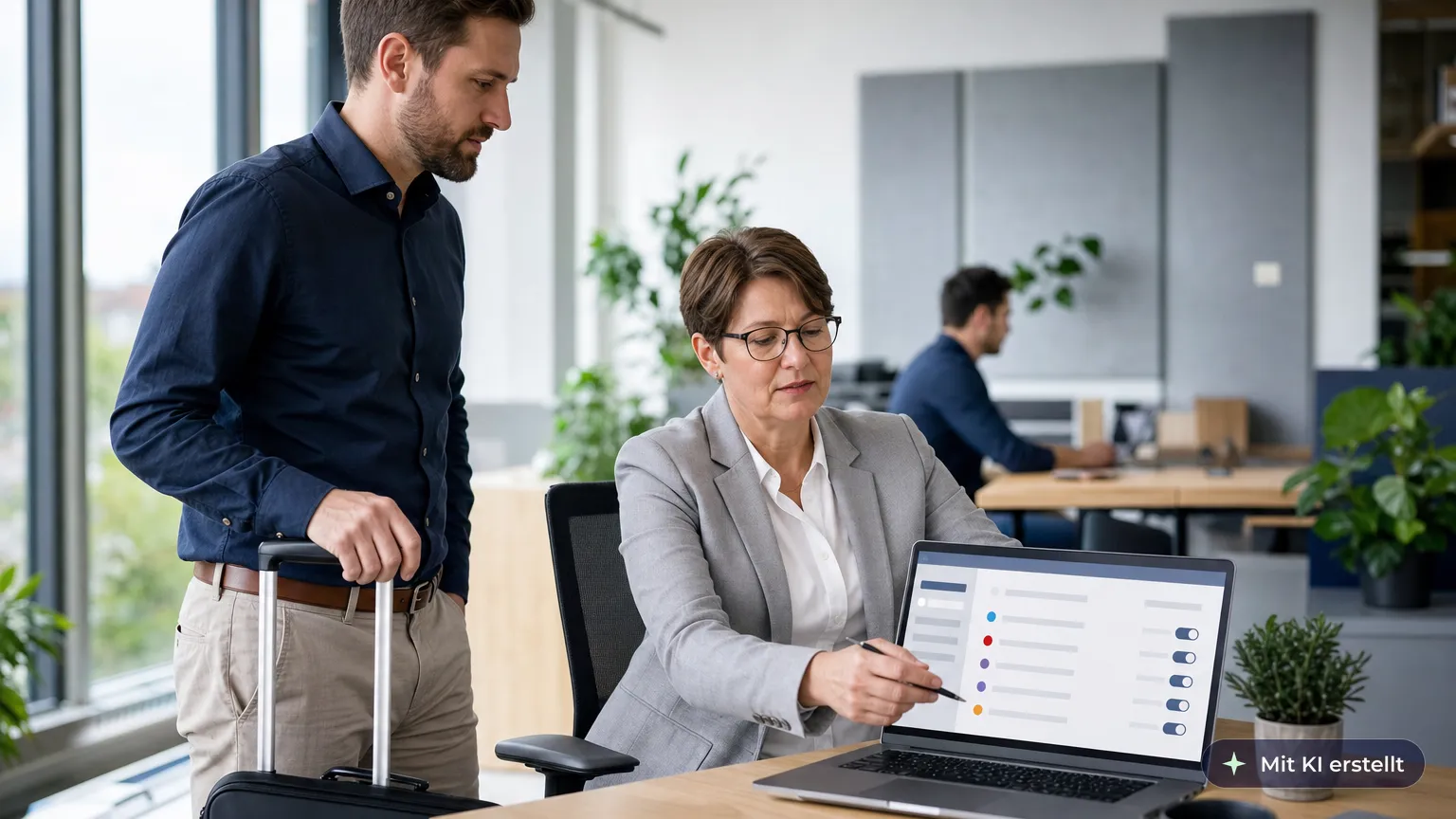 Colleague with his suitcase stands by the desk as his deputy sets up mailbox delegation on the laptop