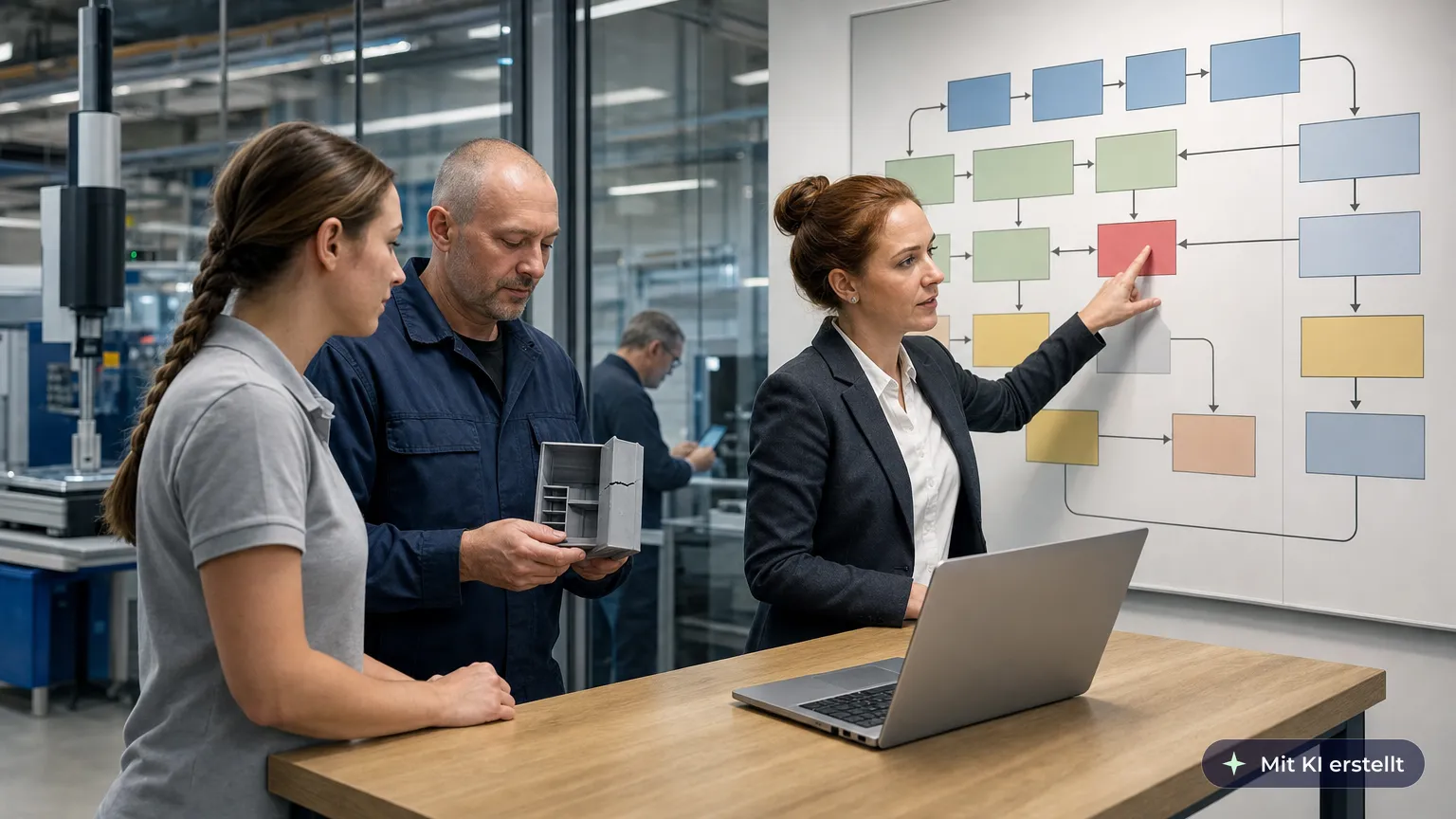 Quality manager points to a step on the process map on the wall while a colleague holds up a returned part