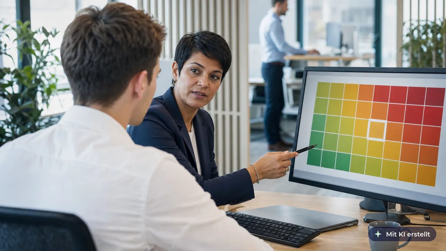 Young colleague asks the compliance officer for advice at her desk, and she shows him the risk matrix on screen
