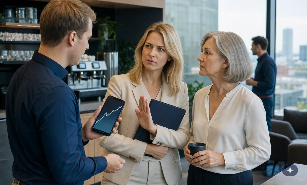 Finanzmitarbeiterin lehnt ab, als ein Kollege ihr an der Kaffeebar einen Aktienkurs zeigt und nach einem Tipp fragt