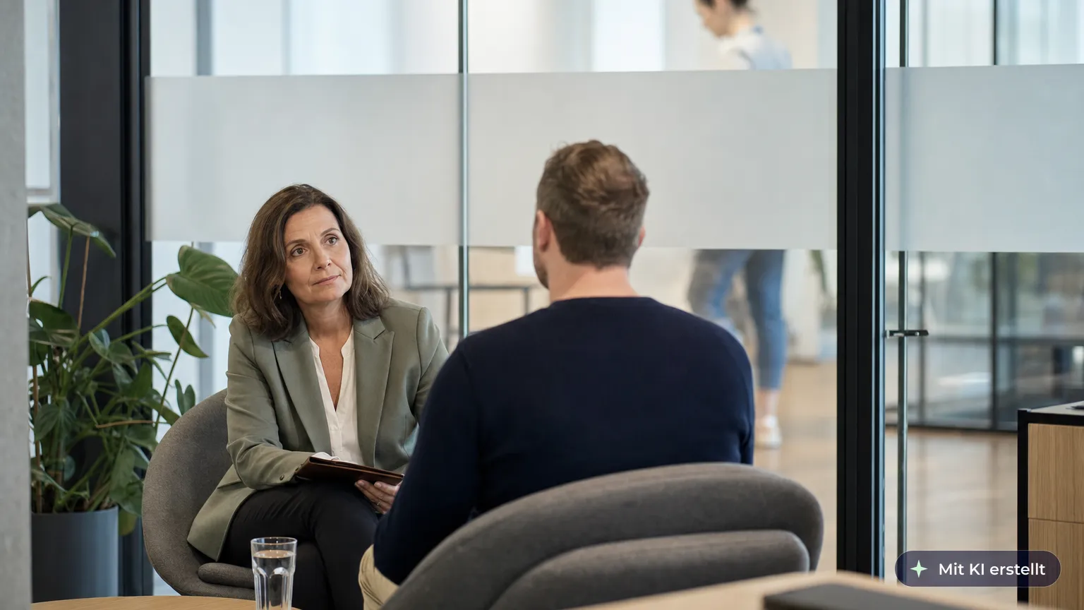 Reporting officer listens closely to a whistleblower behind a closed frosted glass door, her notepad shut