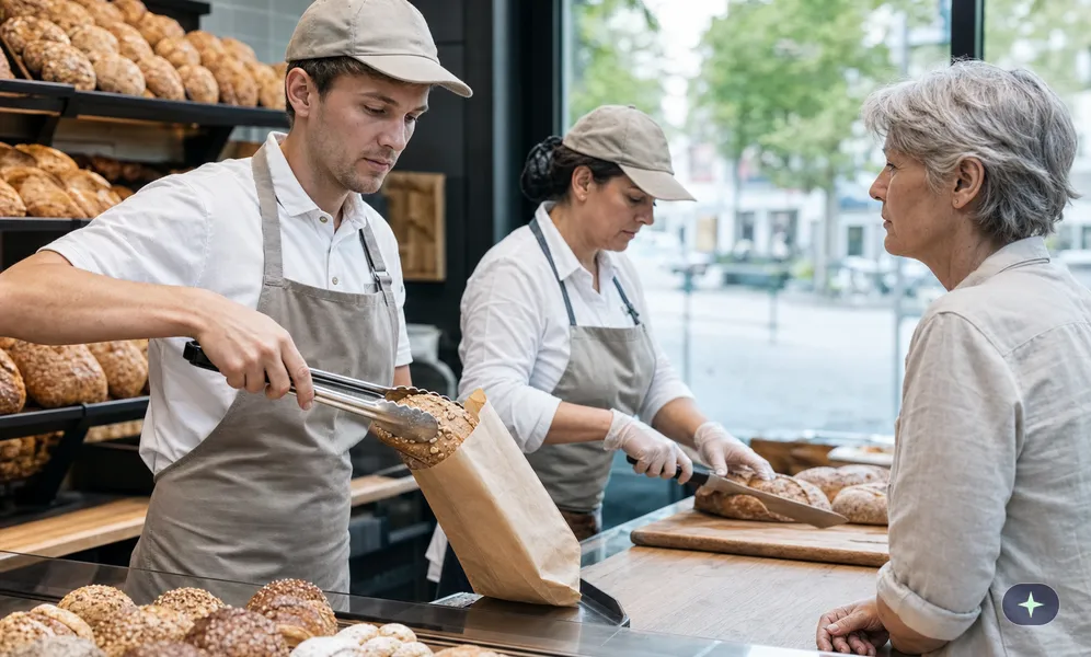 Verkäufer reicht in einer Bäckerei ein Brötchen mit der Gebäckzange, eine Kollegin trägt Einmalhandschuhe