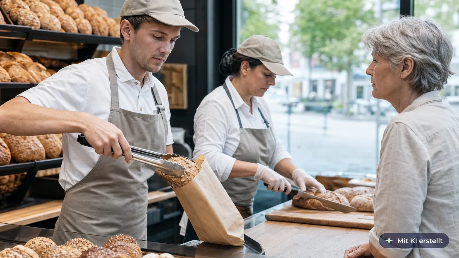 Verkäufer reicht in einer Bäckerei ein Brötchen mit der Gebäckzange, eine Kollegin trägt Einmalhandschuhe