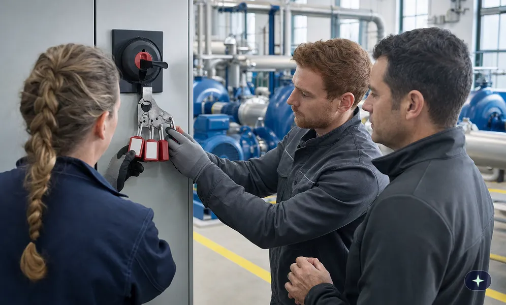 Elektrikerin und zwei Instandhalter sichern den ausgeschalteten Reparaturschalter mit ihren persönlichen Schlössern
