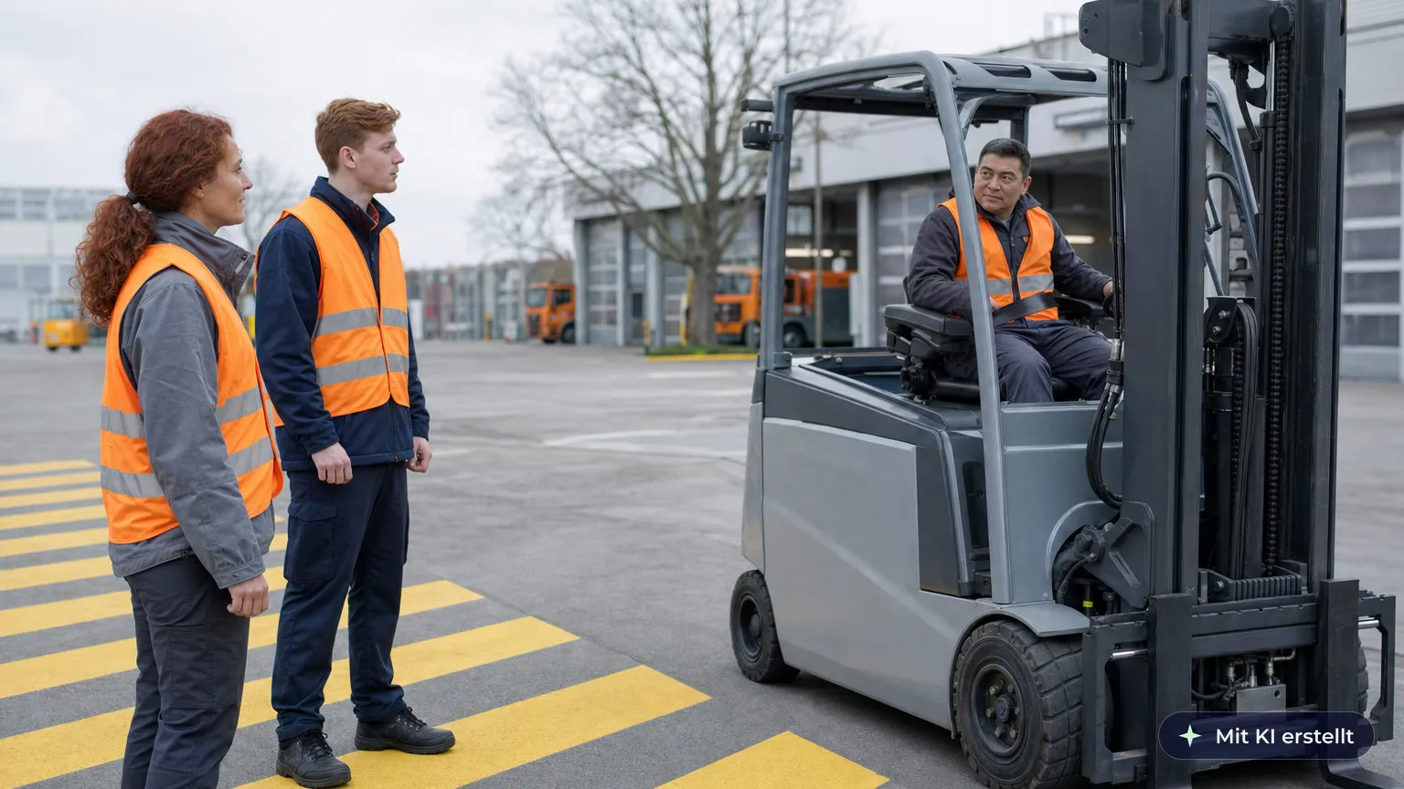 Two employees wait at the marked crossing in the depot yard while the forklift driver stops and lets them pass