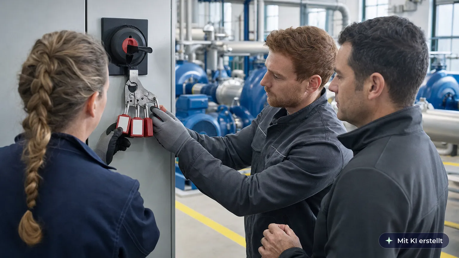 Electrician and two technicians secure the switched-off isolator with their personal padlocks on a lockout hasp