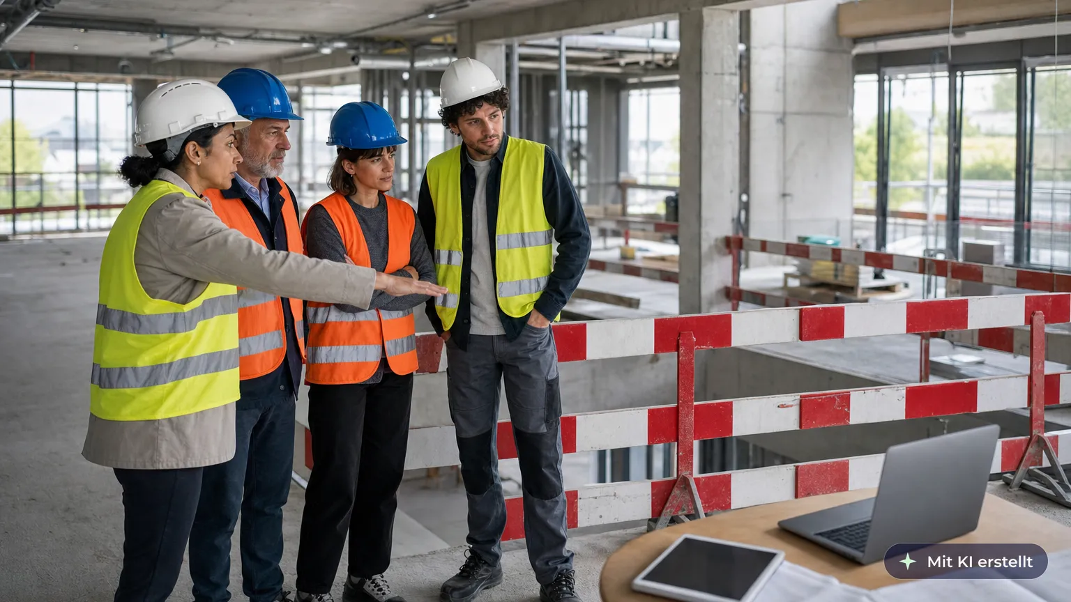 Site manager coordinates with contractors and a drywall installer in front of a cordoned-off drilling area