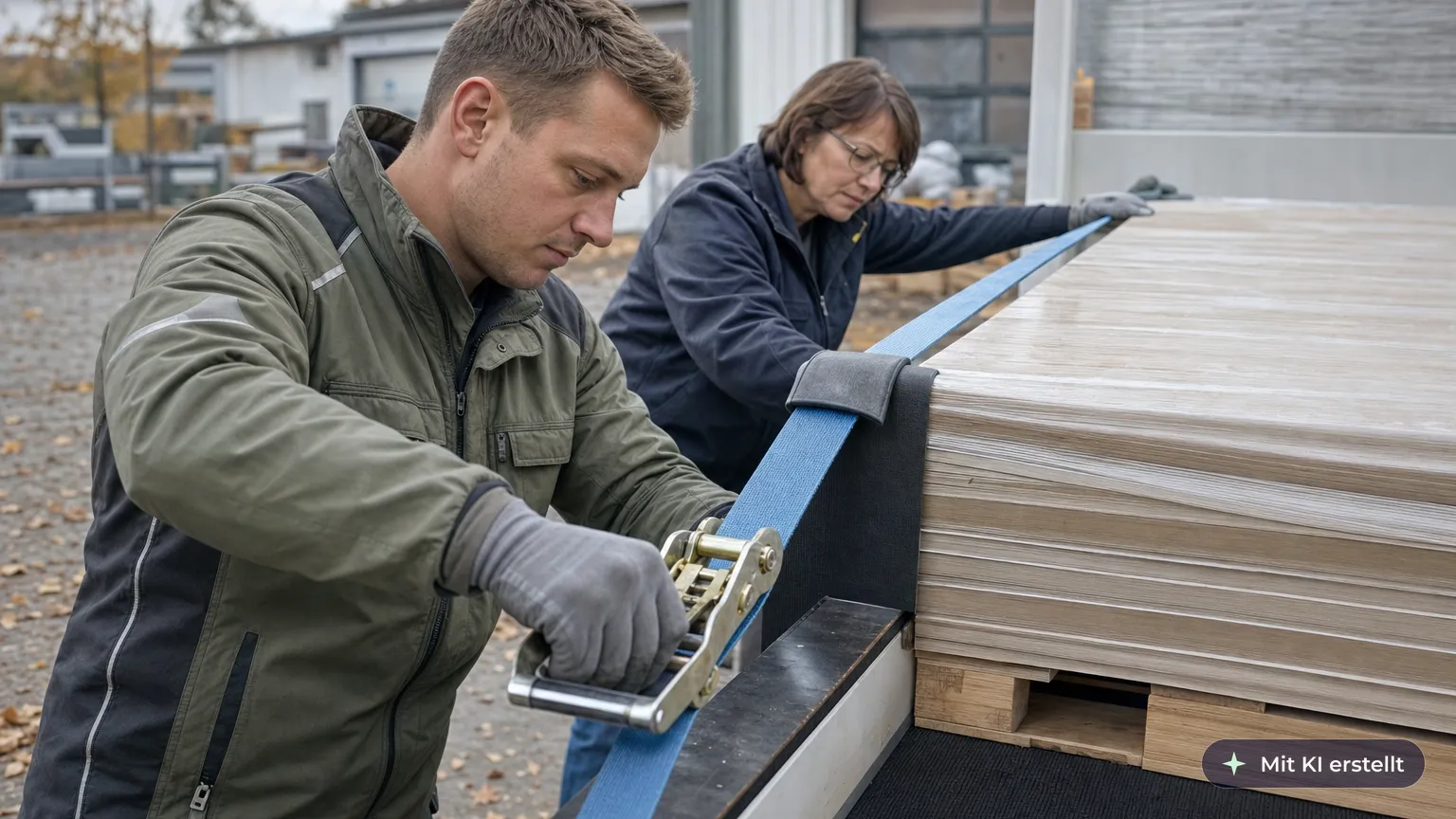 Tradesman tightens a lashing strap with edge protection on a flatbed while his supervisor checks the load