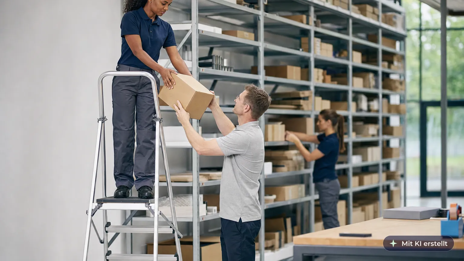 Employee takes a light box from the shelf while standing on a step ladder platform, a colleague takes it from her