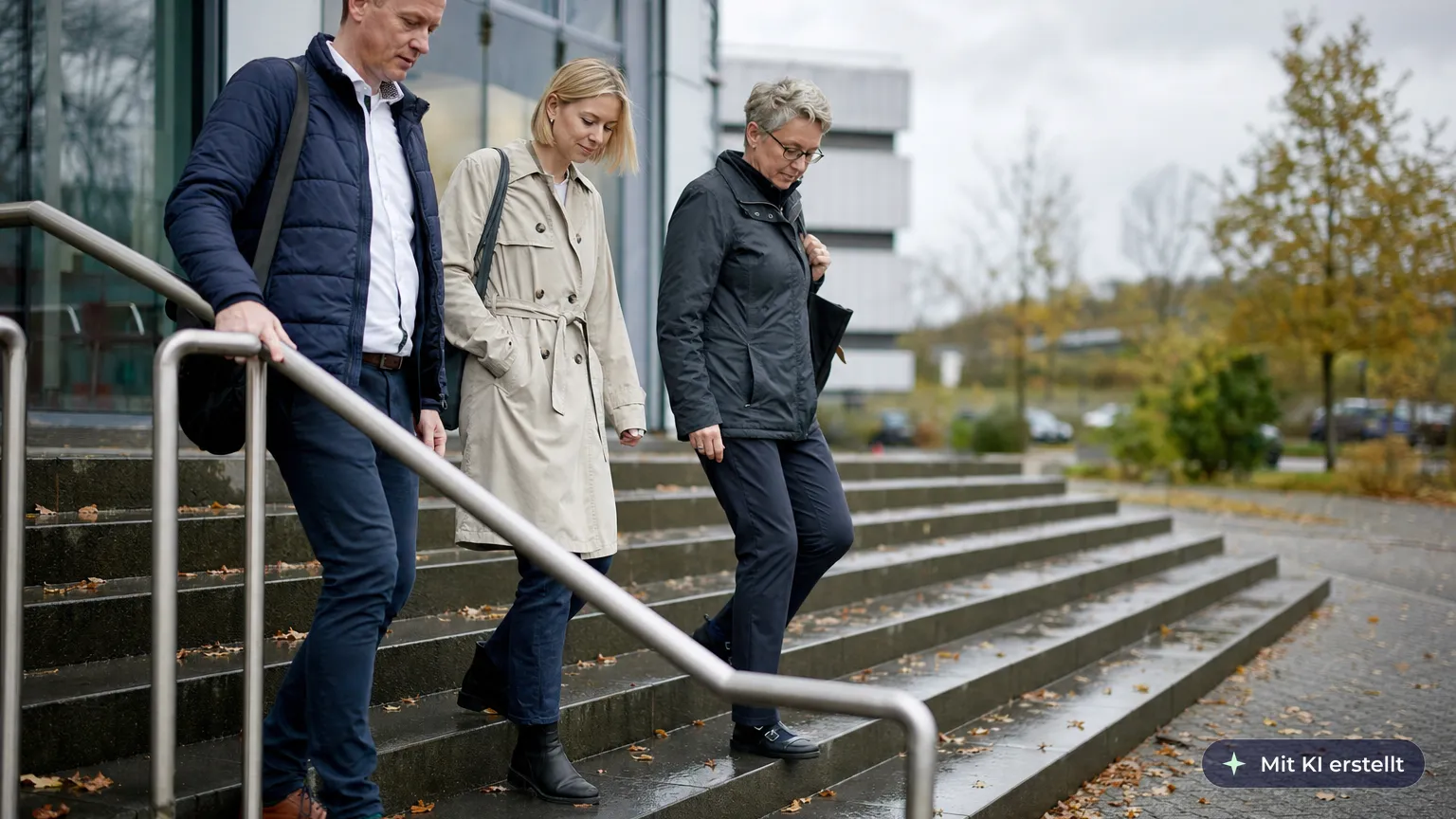 Three employees walk down the wet outdoor steps to the yard, each holding on to the handrail
